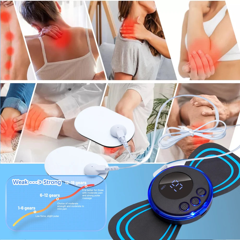 EMS massagepad ontworpen om direct op pijnlijke lichaamsdelen te plaatsen voor gerichte spierstimulatie en verlichting van spanning en pijn.