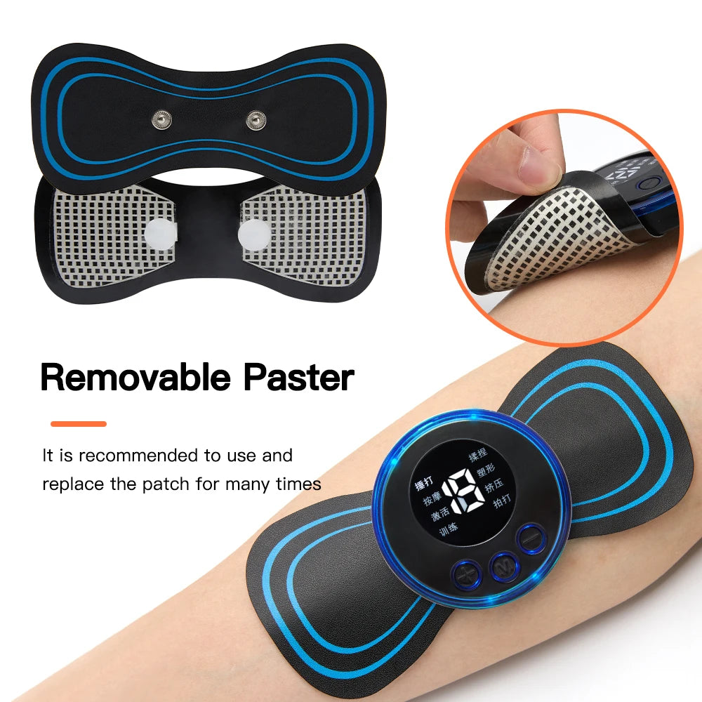 Afbeelding toont de verwijderbare EMS massagepad (paster) die eenvoudig op het lichaam geplaatst en verwijderd kan worden voor gerichte spierbehandeling.