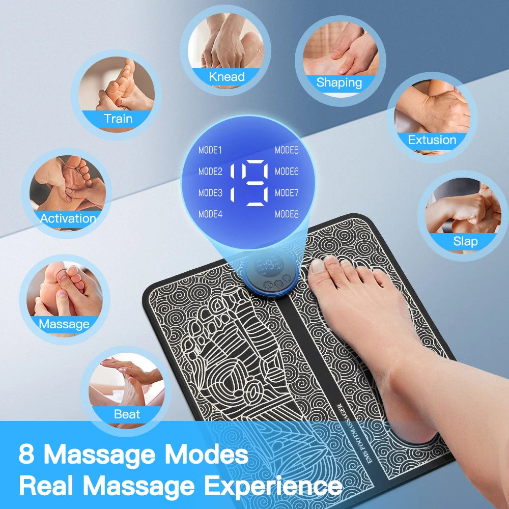 Afbeelding toont 8 verschillende massage modi van de EMS voetmassager, elk ontworpen voor specifieke effecten zoals ontspanning, stimulatie, circulatie en pijnverlichting.