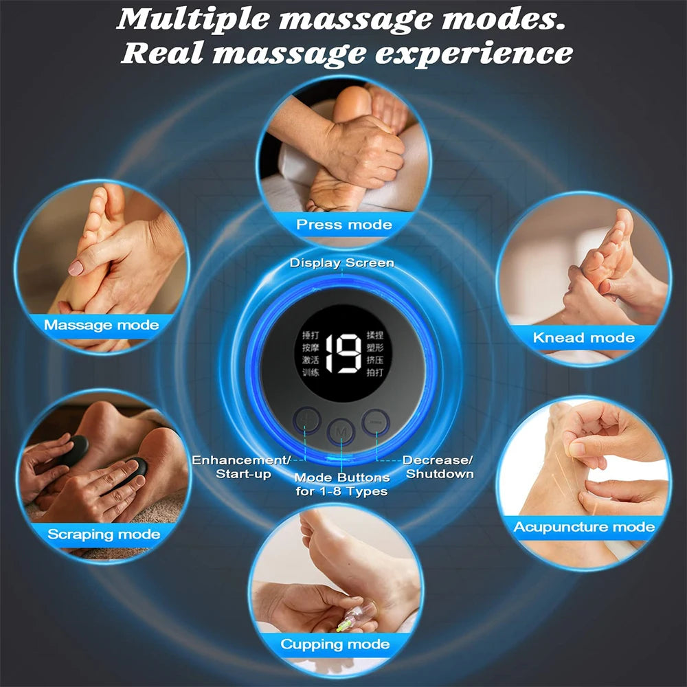 Overzicht van de verschillende instelbare modi van de EMS voetmassager, inclusief intensiteitsniveaus en massageprogramma’s voor gerichte spierstimulatie en ontspanning.