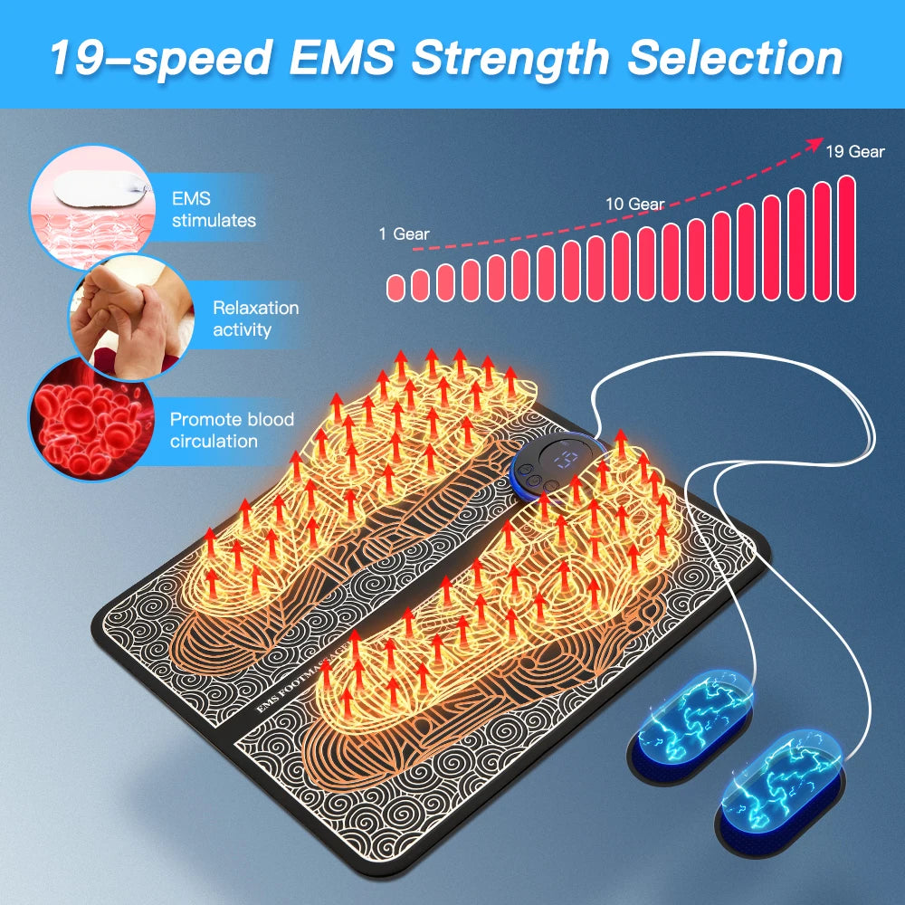 Weergave van de verschillende intensiteitsniveaus van de EMS voetmassager, van zachte stimulatie tot krachtige spieractivatie voor aangepaste massage-ervaring.