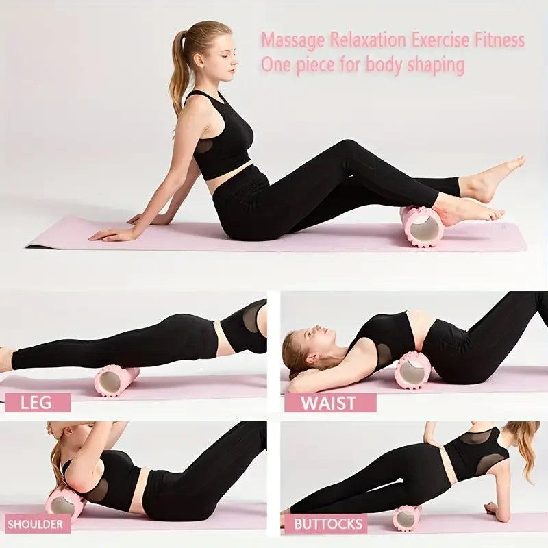 Verschillende lichaamshoudingen en toepassingen van de foam roller voor diepe spiermassage en ontspanning.