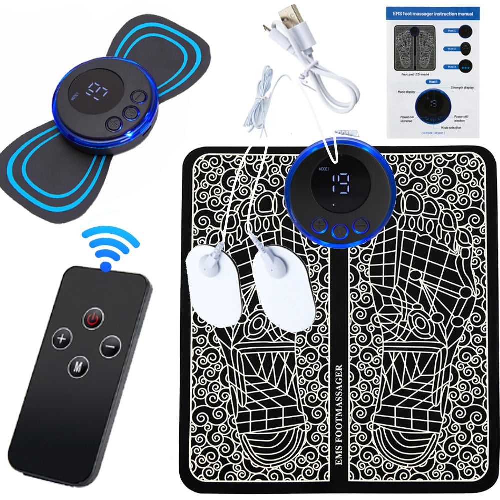 Complete EMS voetmassage set inclusief massagepad, kabels, verwijderbare pads en gebruikershandleiding – alles wat je nodig hebt voor directe ontspanning en gebruiksgemak.