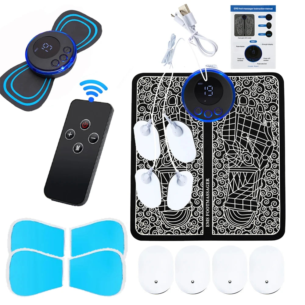 Complete EMS massagepakket met voetmassage mat, verwijderbare pads en alle benodigde accessoires voor een volledige spier- en voetmassage ervaring.