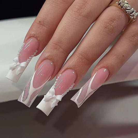 Coffin long press on nails bowknot blcak fake press on nails