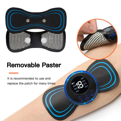 Afbeelding toont de verwijderbare EMS massagepad (paster) die eenvoudig op het lichaam geplaatst en verwijderd kan worden voor gerichte spierbehandeling.