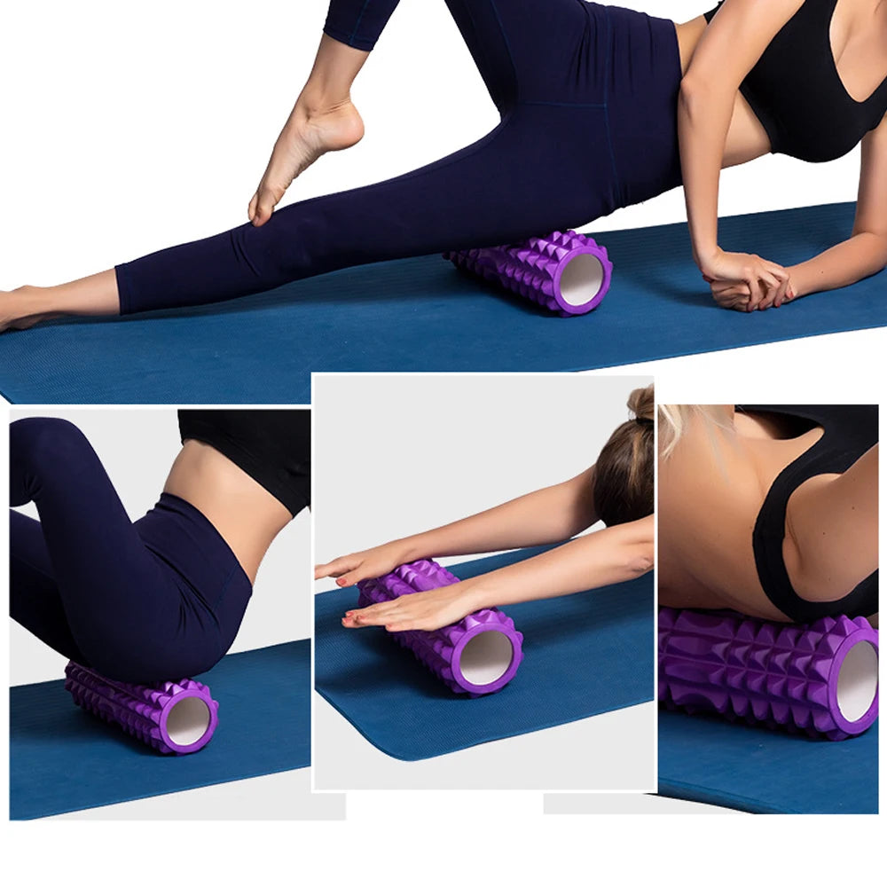 Overzicht van verschillende posities en oefeningen voor het gebruik van de foam massage roller op rug, benen en armen.