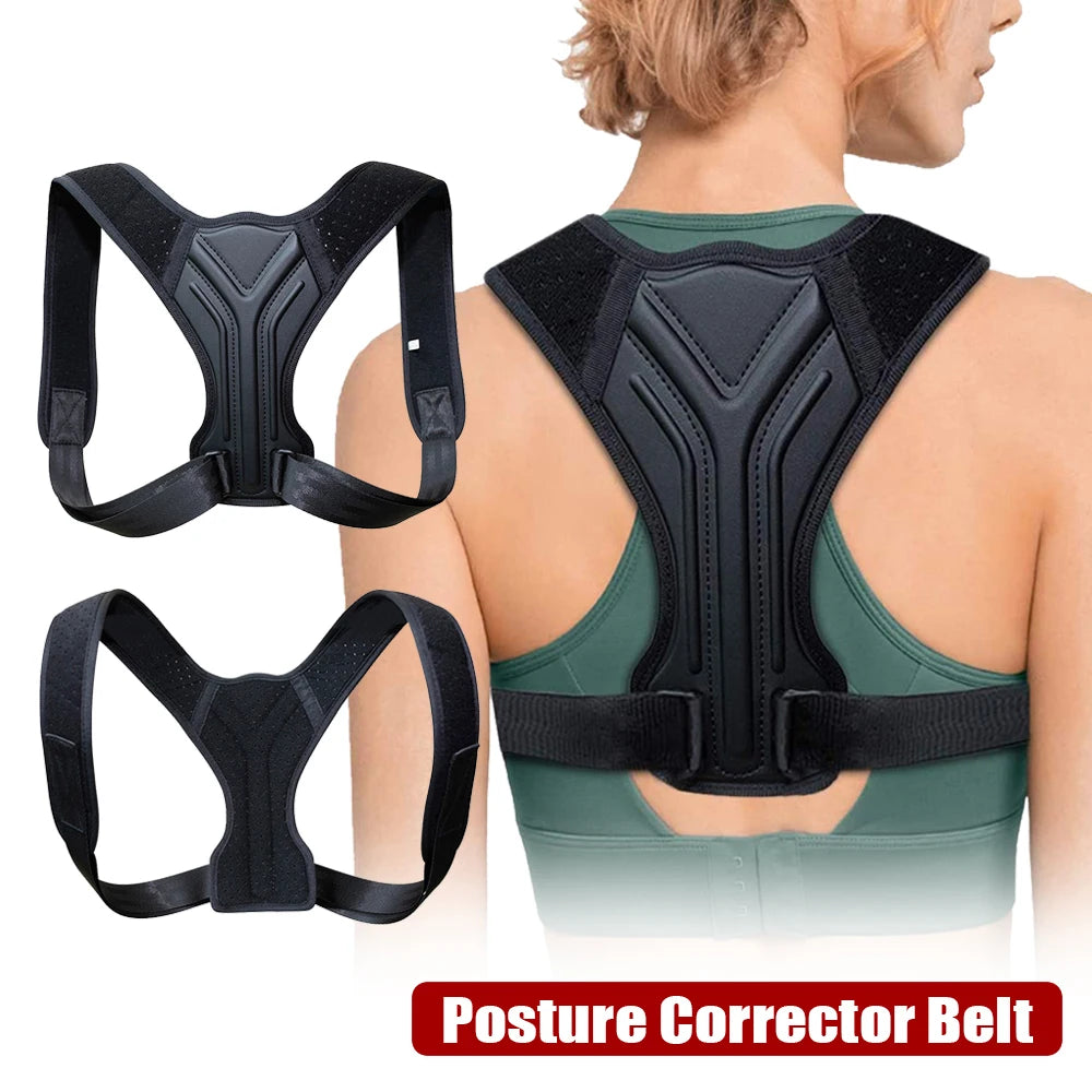 Voor- en achteraanzicht van de verstelbare posture corrector, gedragen door een vrouw die de juiste houding ondersteunt voor een gezond bovenlichaam.