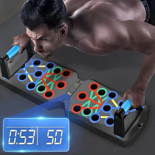 Man doet push-ups op een multifunctioneel push-up board met zichtbare timer op de achtergrond – ideaal voor krachttraining thuis.